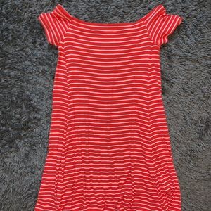 Orange and white striped off the should dress